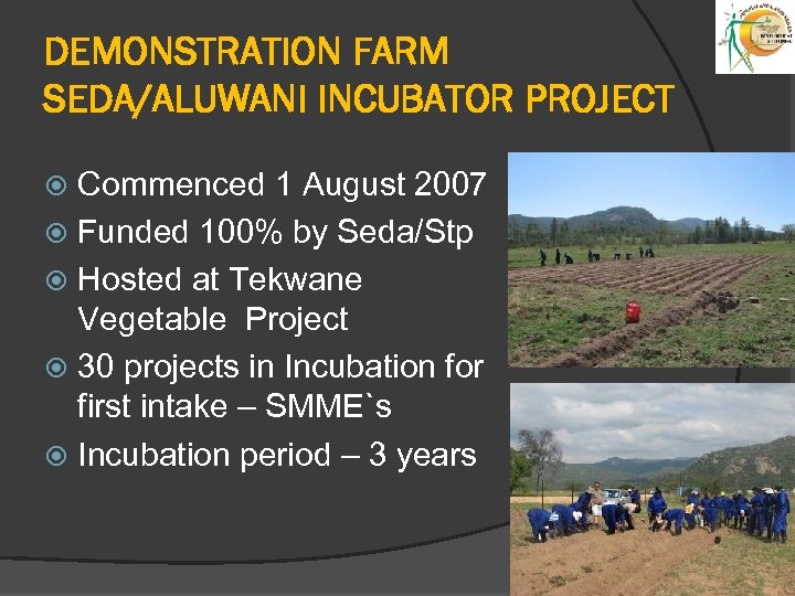 DEMONSTRATION FARM SEDA/ALUWANI INCUBATOR PROJECT Commenced 1 August 2007 Funded 100% by Seda/Stp Hosted