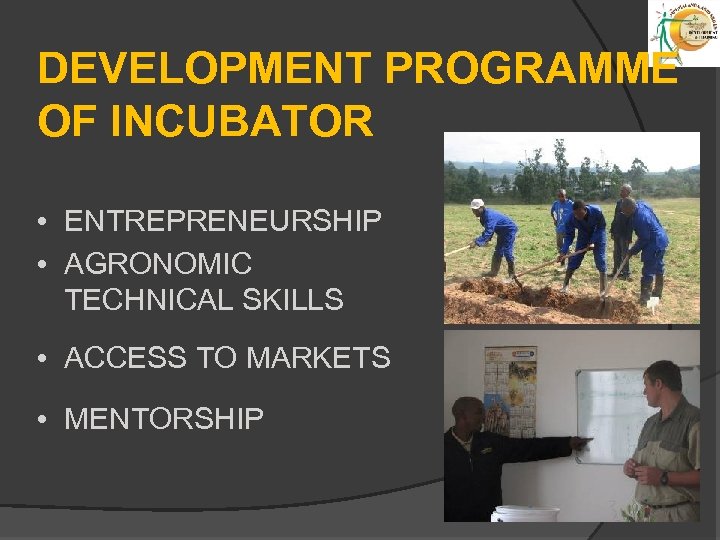 DEVELOPMENT PROGRAMME OF INCUBATOR • ENTREPRENEURSHIP • AGRONOMIC TECHNICAL SKILLS • ACCESS TO MARKETS