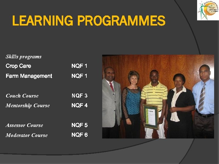 LEARNING PROGRAMMES Skills programs Crop Care NQF 1 Farm Management NQF 1 Couch Course