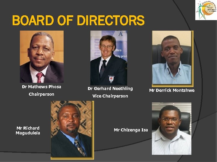 BOARD OF DIRECTORS Dr Mathews Phosa Dr Gerhard Neethling Chairperson Vice Chairperson Mr Richard