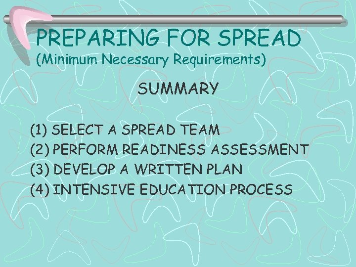 PREPARING FOR SPREAD (Minimum Necessary Requirements) SUMMARY (1) SELECT A SPREAD TEAM (2) PERFORM