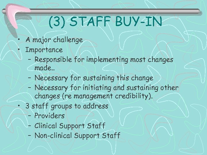 (3) STAFF BUY-IN • A major challenge • Importance – Responsible for implementing most