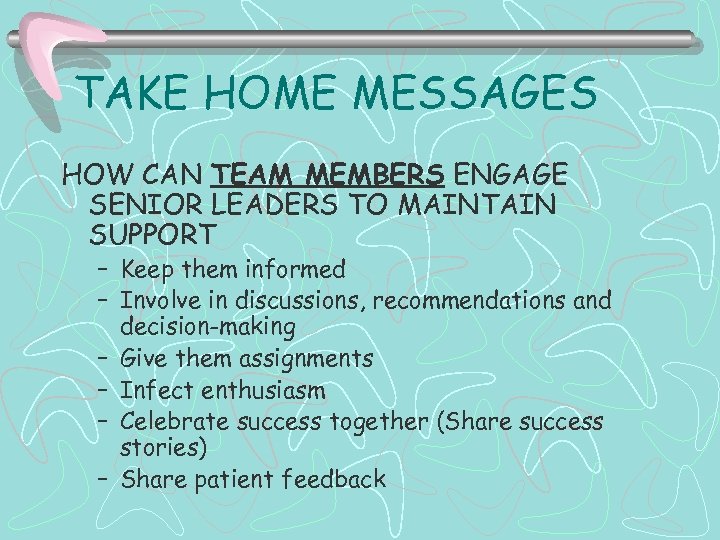 TAKE HOME MESSAGES HOW CAN TEAM MEMBERS ENGAGE SENIOR LEADERS TO MAINTAIN SUPPORT –