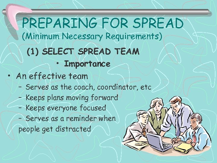PREPARING FOR SPREAD (Minimum Necessary Requirements) (1) SELECT SPREAD TEAM • Importance • An