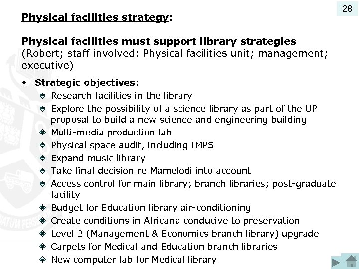 Physical facilities strategy: Physical facilities must support library strategies (Robert; staff involved: Physical facilities