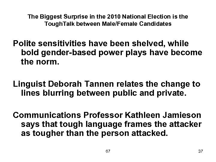 The Biggest Surprise in the 2010 National Election is the Tough. Talk between Male/Female