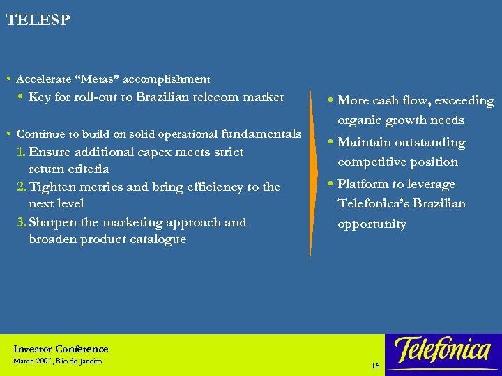 TELESP Accelerate “Metas” accomplishment Key for roll-out to Brazilian telecom market Continue to build