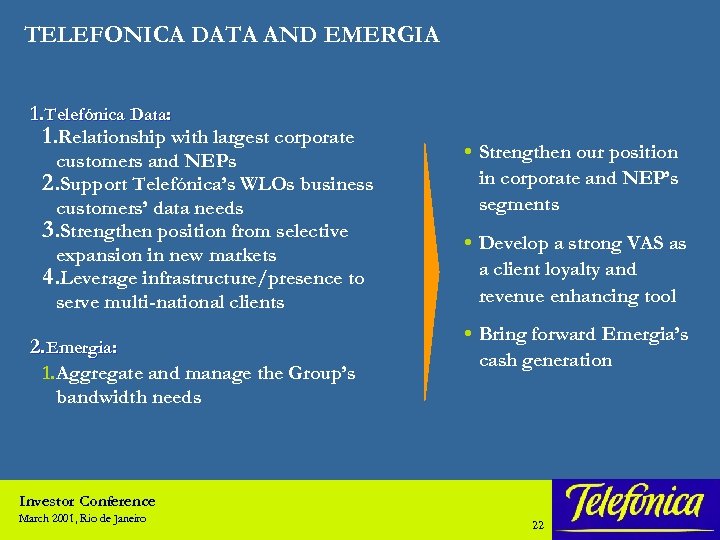 TELEFONICA DATA AND EMERGIA 1. Telefónica Data: 1. Relationship with largest corporate customers and