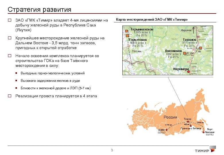 Стратегия развития Карта месторождений ЗАО «ГМК «Тимир» o ЗАО «ГМК «Тимир» владеет 4 -мя