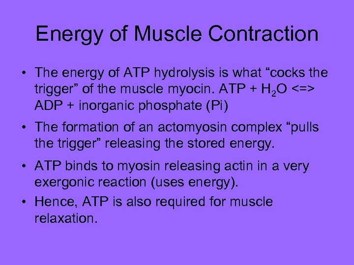 Energy of Muscle Contraction • The energy of ATP hydrolysis is what “cocks the