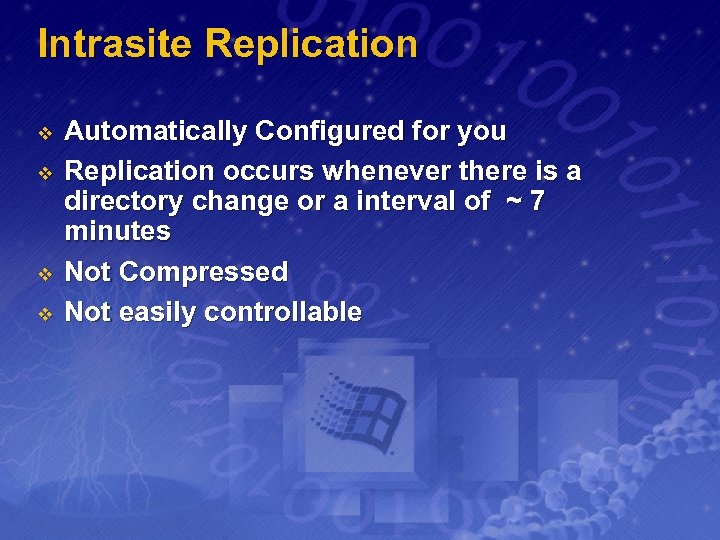 Intrasite Replication v v Automatically Configured for you Replication occurs whenever there is a