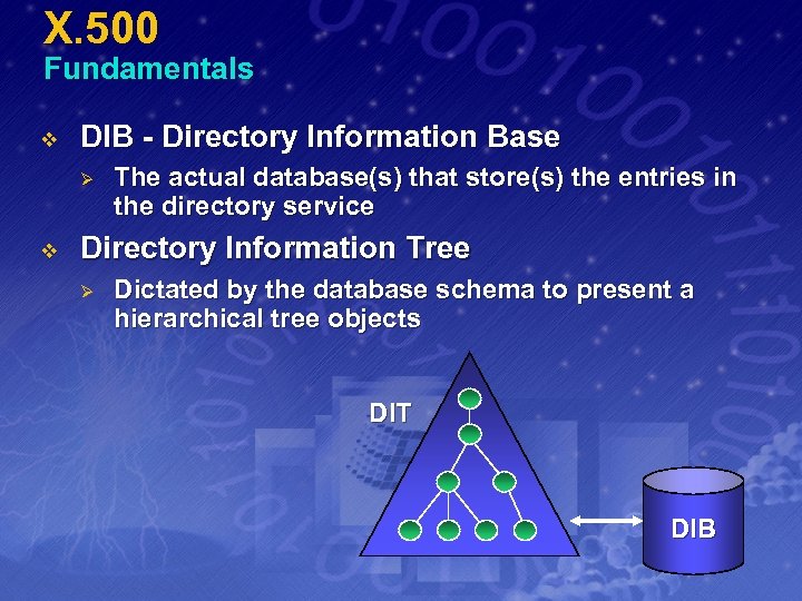 X. 500 Fundamentals v DIB - Directory Information Base Ø v The actual database(s)