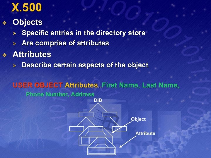 X. 500 v Objects Ø Ø v Specific entries in the directory store Are