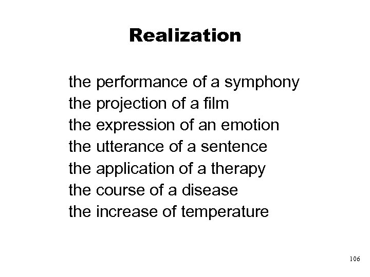 Realization the performance of a symphony the projection of a film the expression of