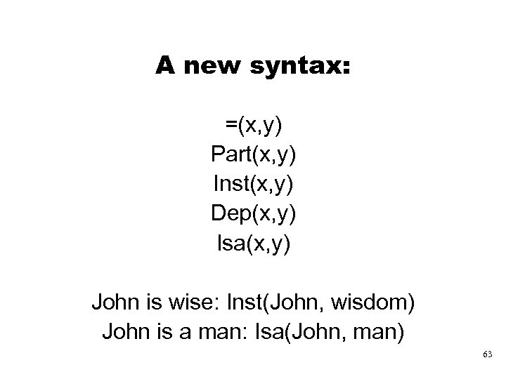 A new syntax: =(x, y) Part(x, y) Inst(x, y) Dep(x, y) Isa(x, y) John