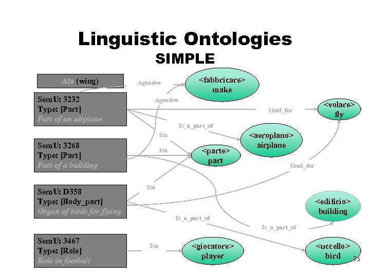 Linguistic Ontologies SIMPLE Ala (wing) Sem. U: 3232 Type: [Part] Part of an airplane