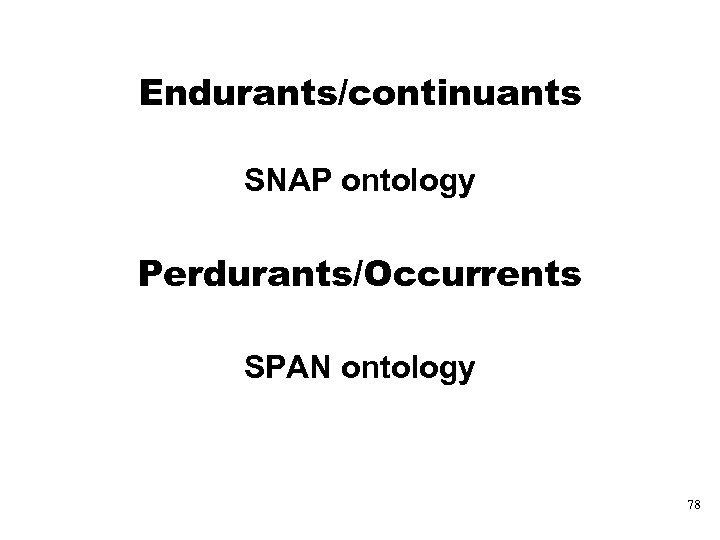 Endurants/continuants SNAP ontology Perdurants/Occurrents SPAN ontology 78 