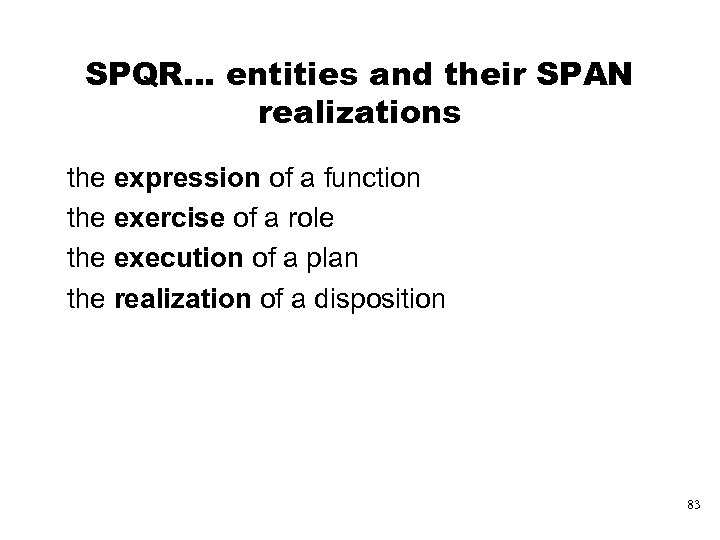 SPQR… entities and their SPAN realizations the expression of a function the exercise of