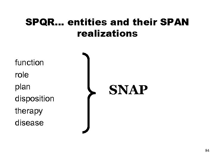 SPQR… entities and their SPAN realizations function role plan disposition therapy disease SNAP 84
