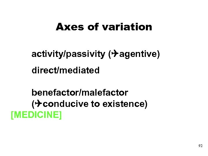 Axes of variation activity/passivity ( agentive) direct/mediated benefactor/malefactor ( conducive to existence) [MEDICINE] 92
