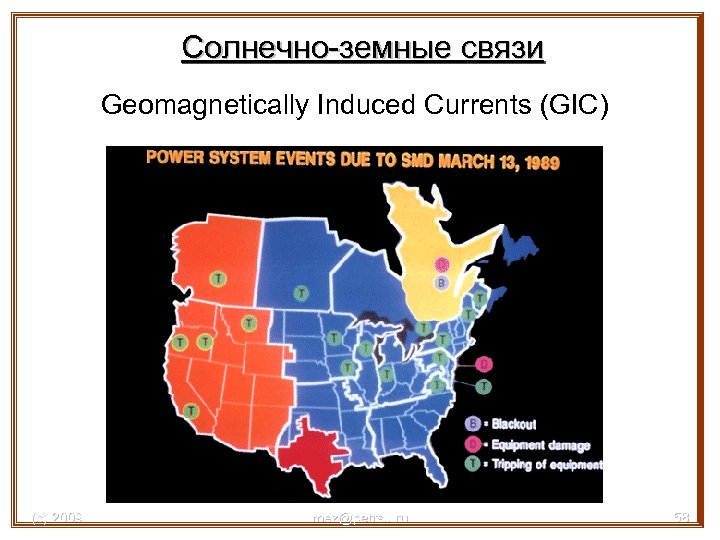 Солнечно-земные связи Geomagnetically Induced Currents (GIC) (с) 2009 mez@petrsu. ru 58 