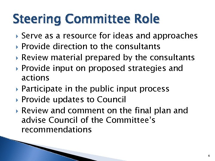 Steering Committee Role Serve as a resource for ideas and approaches Provide direction to