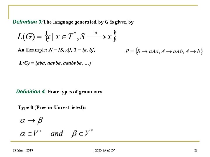Definition 3: The language generated by G is given by An Example: N =