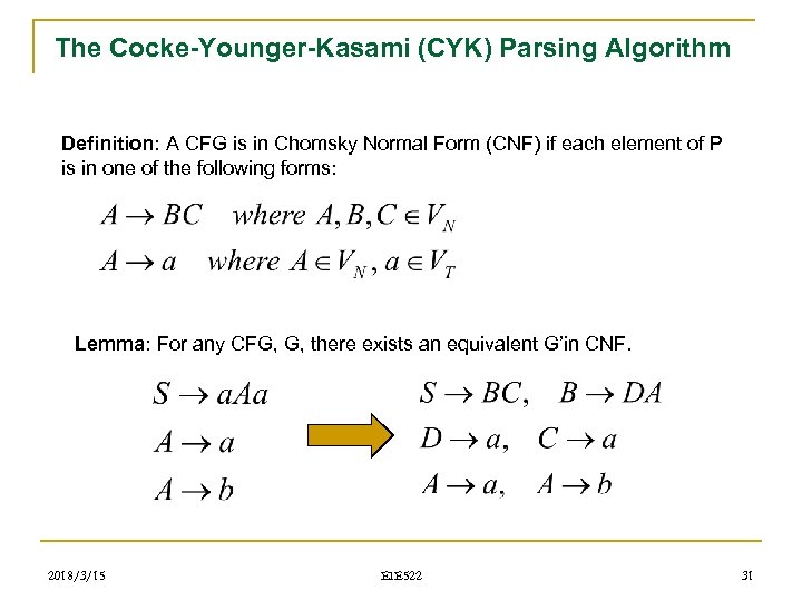 The Cocke-Younger-Kasami (CYK) Parsing Algorithm Definition: A CFG is in Chomsky Normal Form (CNF)