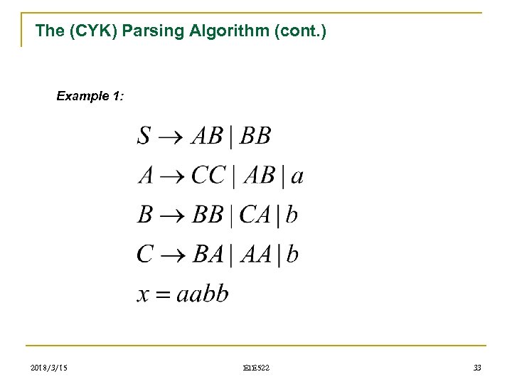 The (CYK) Parsing Algorithm (cont. ) Example 1: 2018/3/15 EIE 522 33 