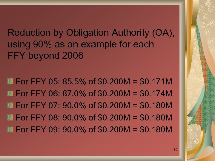Reduction by Obligation Authority (OA), using 90% as an example for each FFY beyond