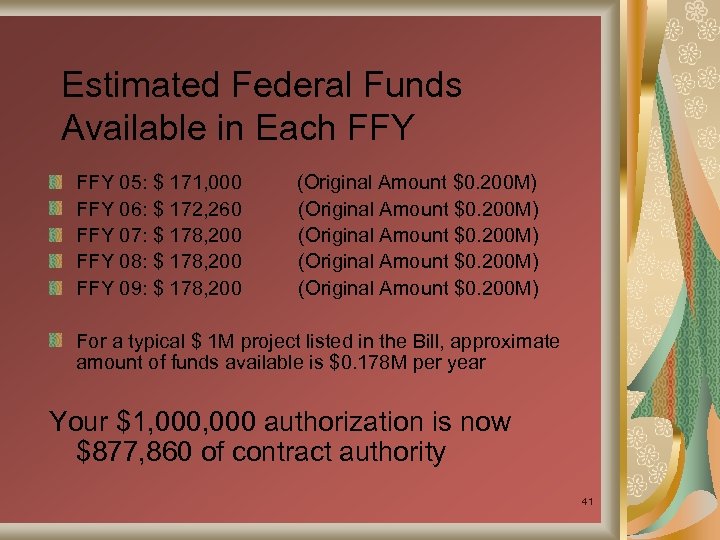 Estimated Federal Funds Available in Each FFY 05: $ 171, 000 FFY 06: $