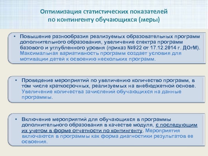 Оптимизация статистических показателей по контингенту обучающихся (меры) • Повышение разнообразия реализуемых образовательных программ дополнительного