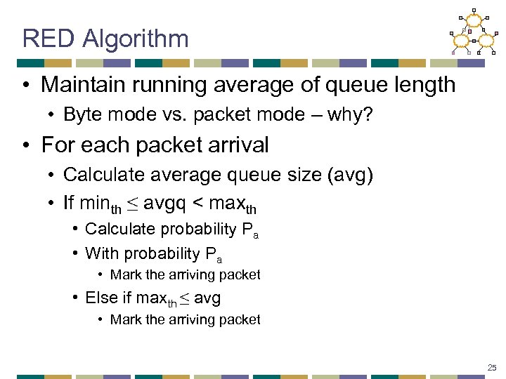 RED Algorithm • Maintain running average of queue length • Byte mode vs. packet