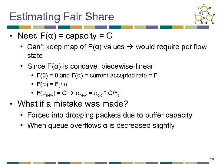 Estimating Fair Share • Need F(α) = capacity = C • Can’t keep map