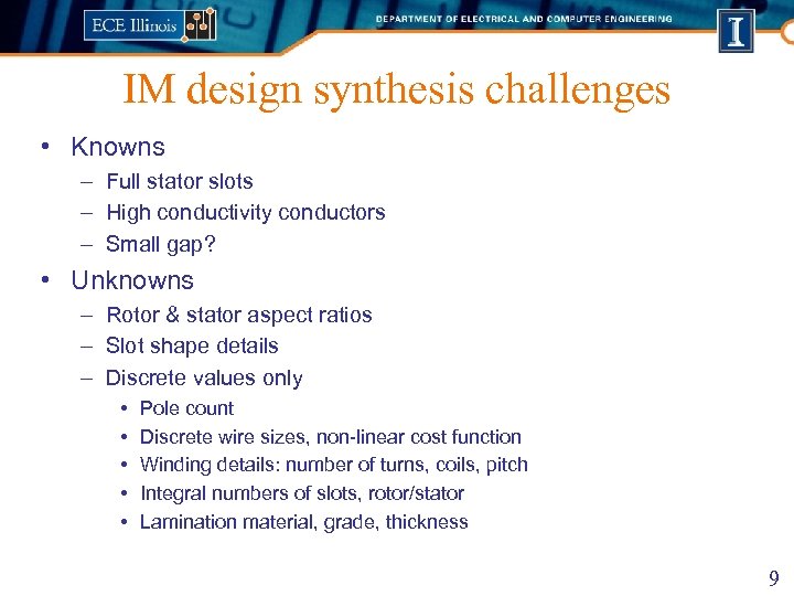 IM design synthesis challenges • Knowns – Full stator slots – High conductivity conductors