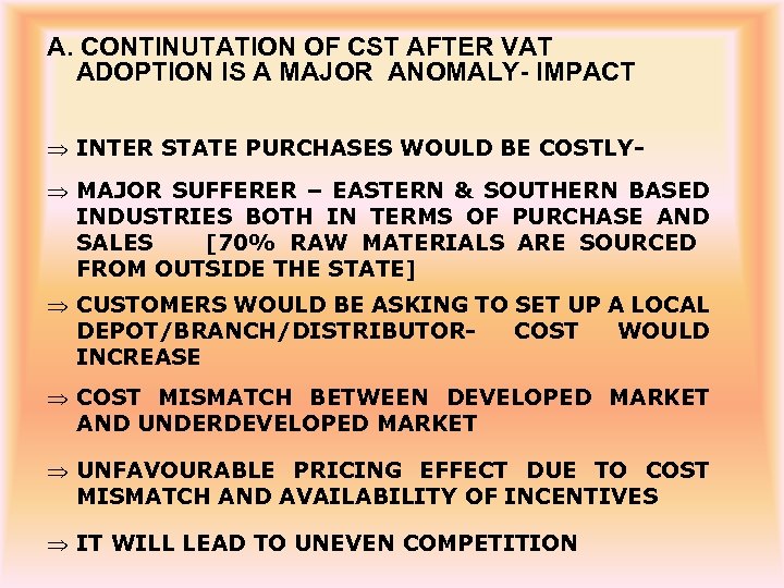 A. CONTINUTATION OF CST AFTER VAT ADOPTION IS A MAJOR ANOMALY- IMPACT Þ INTER