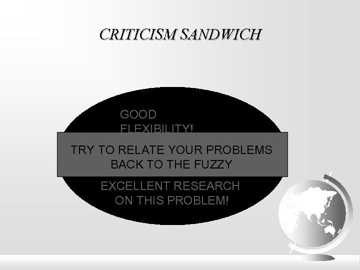 CRITICISM SANDWICH GOOD FLEXIBILITY! TRY TO RELATE YOUR PROBLEMS BACK TO THE FUZZY EXCELLENT