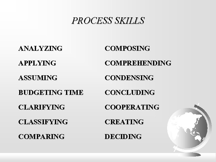 PROCESS SKILLS ANALYZING COMPOSING APPLYING COMPREHENDING ASSUMING CONDENSING BUDGETING TIME CONCLUDING CLARIFYING COOPERATING CLASSIFYING