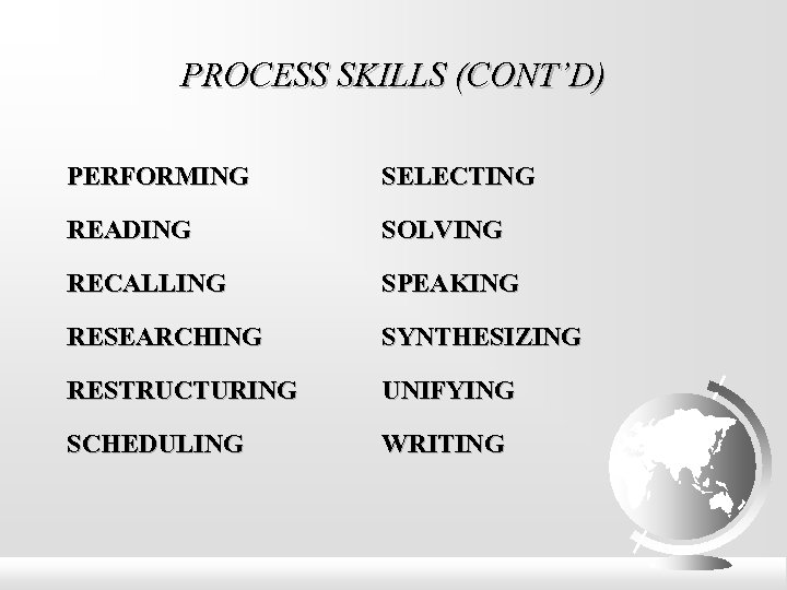 PROCESS SKILLS (CONT’D) PERFORMING SELECTING READING SOLVING RECALLING SPEAKING RESEARCHING SYNTHESIZING RESTRUCTURING UNIFYING SCHEDULING