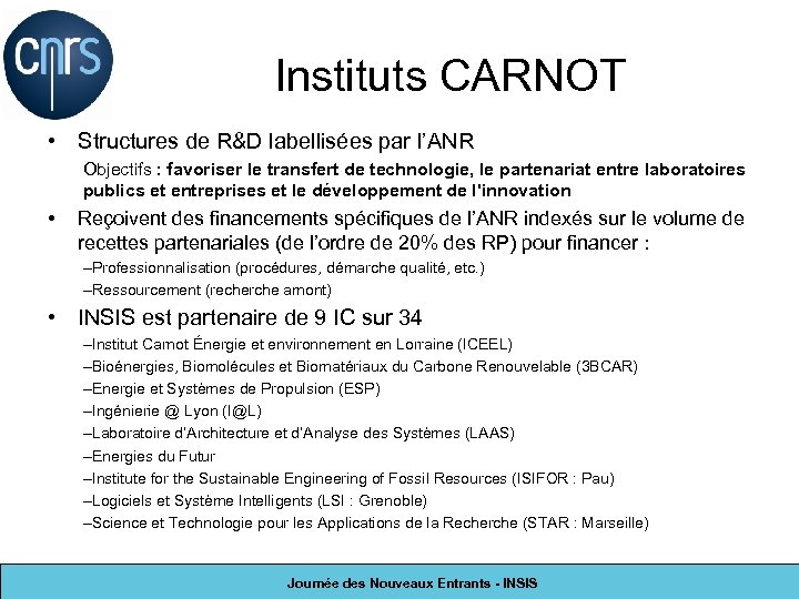 Instituts CARNOT • Structures de R&D labellisées par l’ANR Objectifs : favoriser le transfert