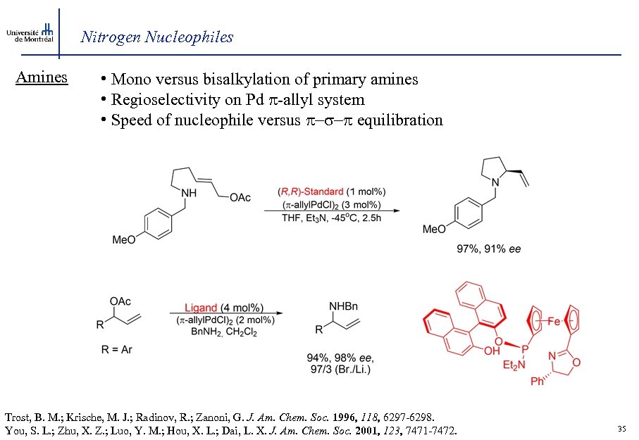 Nitrogen Nucleophiles Amines • Mono versus bisalkylation of primary amines • Regioselectivity on Pd