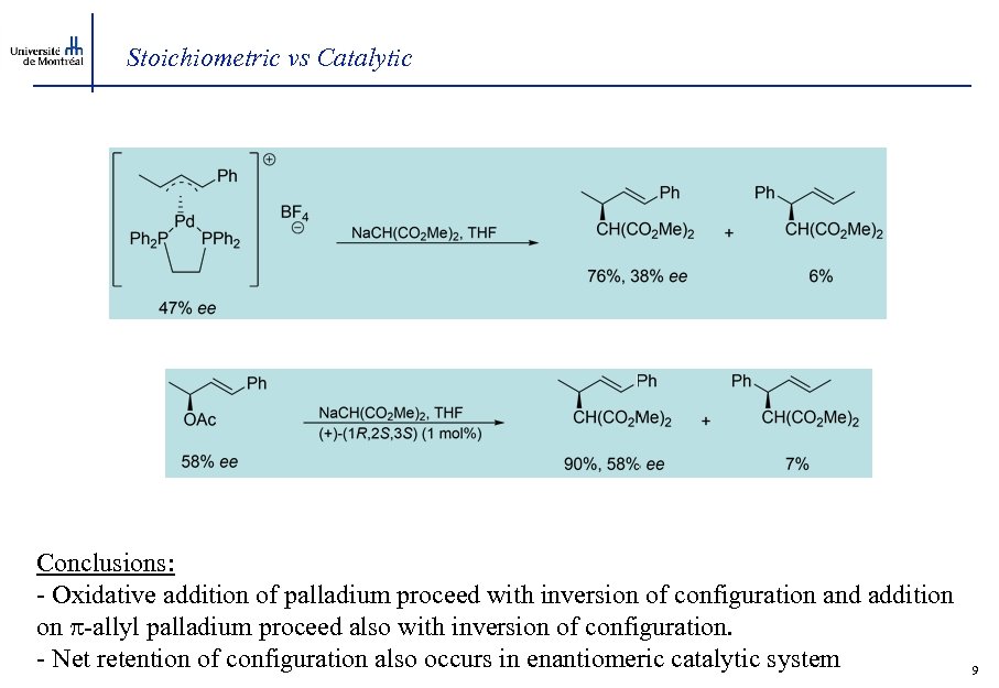 Stoichiometric vs Catalytic Conclusions: - Oxidative addition of palladium proceed with inversion of configuration