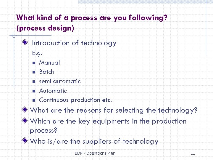 What kind of a process are you following? (process design) Introduction of technology E.