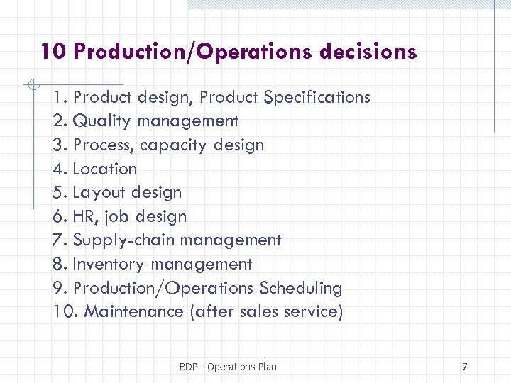 10 Production/Operations decisions 1. Product design, Product Specifications 2. Quality management 3. Process, capacity