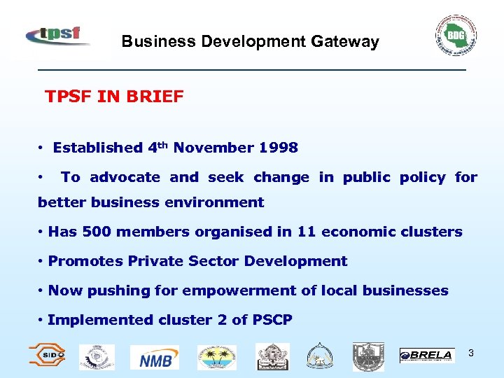 Business Development Gateway TPSF IN BRIEF • Established 4 th November 1998 • To