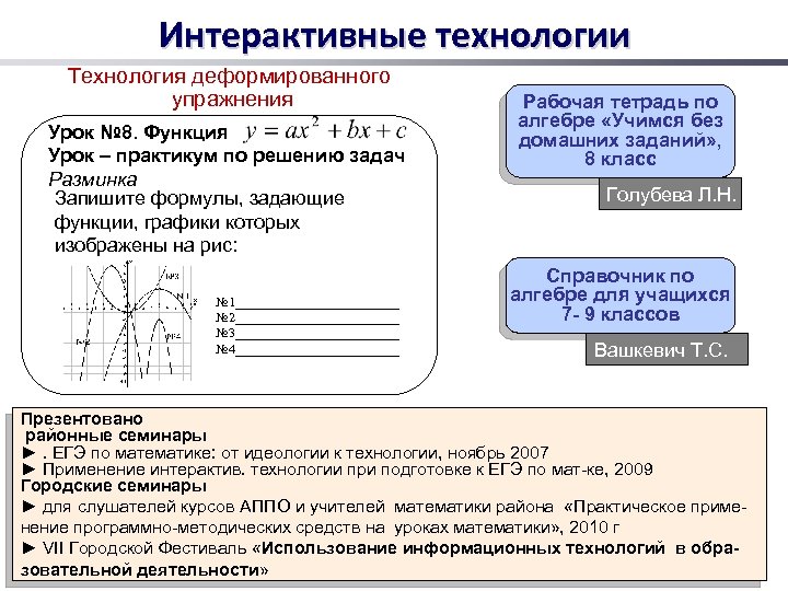 Интерактивные технологии Технология деформированного упражнения Урок № 8. Функция Урок – практикум по решению
