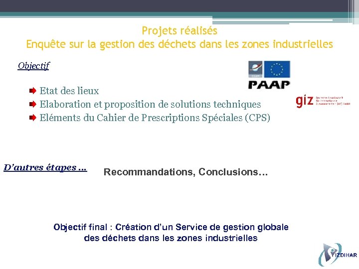 Projets réalisés Enquête sur la gestion des déchets dans les zones industrielles Objectif Etat
