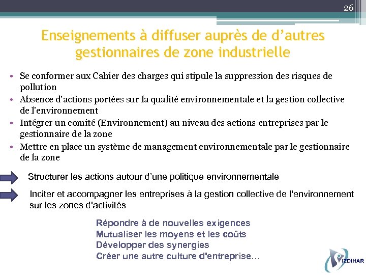 26 Enseignements à diffuser auprès de d’autres gestionnaires de zone industrielle • Se conformer