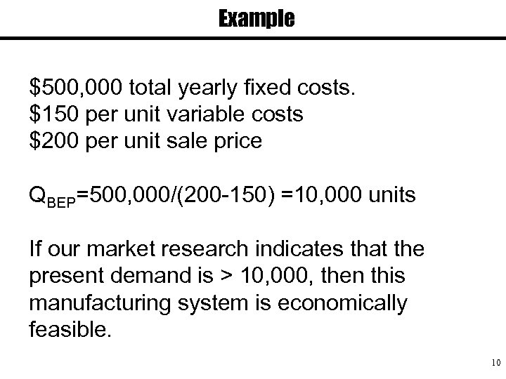 Example $500, 000 total yearly fixed costs. $150 per unit variable costs $200 per