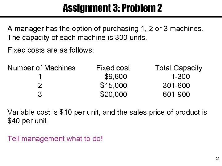 Assignment 3: Problem 2 A manager has the option of purchasing 1, 2 or